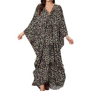 Women's Gray Leopard Spots V-Neck Batwing Sleeves Summer Cover Up Kaftan Dress